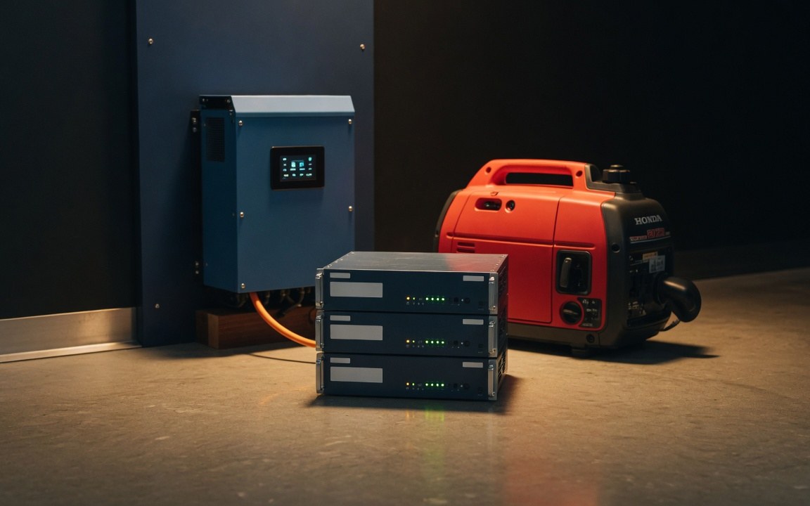 Power stack — three Pylontech US5000 LiFePO4 battery modules wall-mounted, Victron MultiPlus-II 3.5 kW inverter beside them, Honda EU22i 2 kW generator in foreground