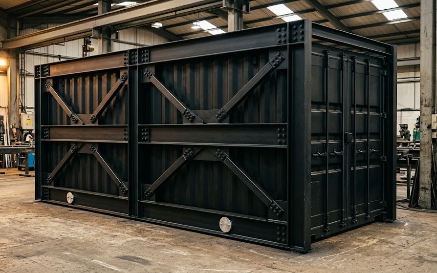 Structural reinforcement — welded IPE/UPN steel roof ribs at 60 cm centres with cross-bracing, two-coat coal-tar epoxy, magnesium sacrificial anodes