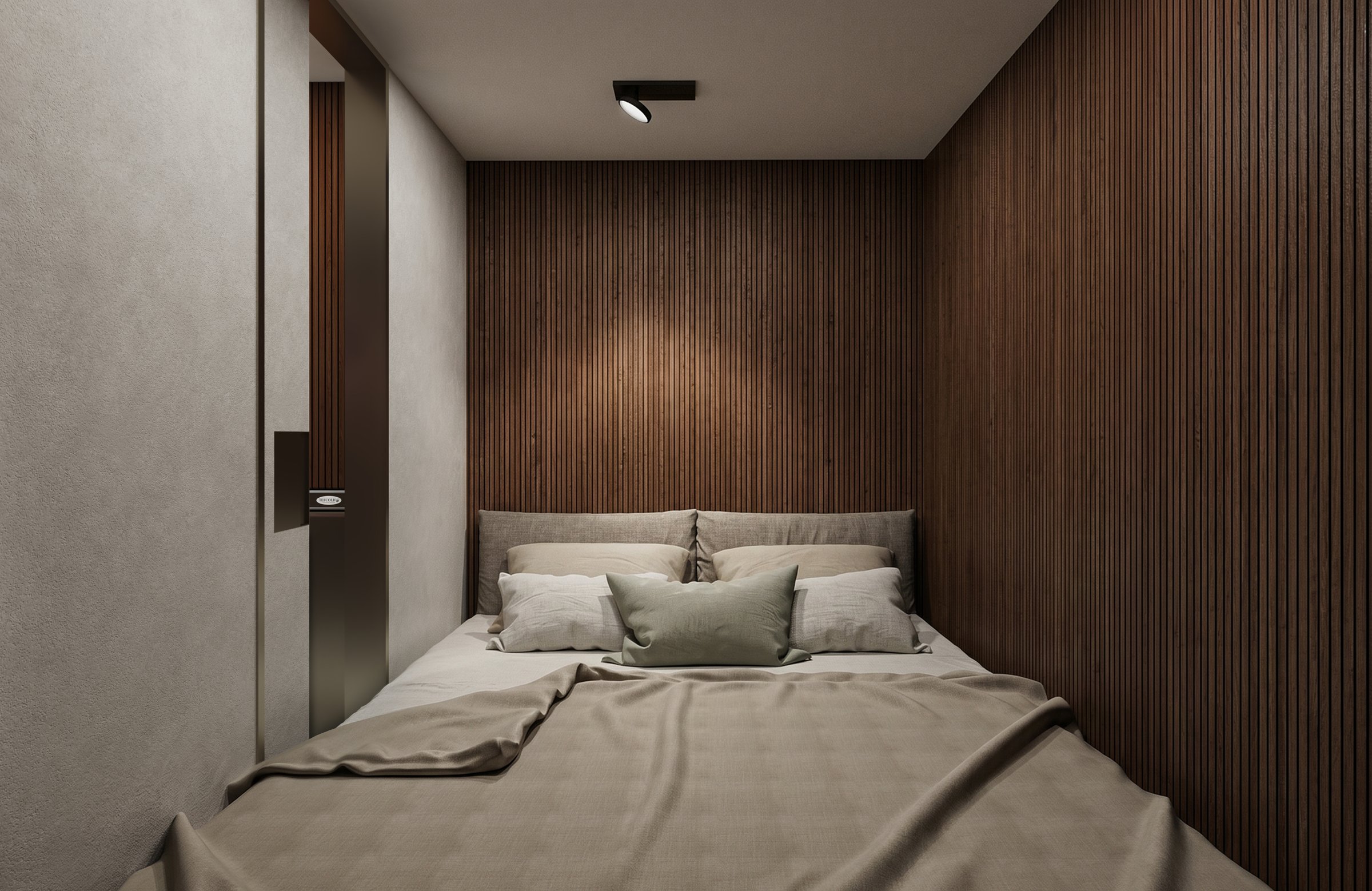 Queen bedroom hero — walnut feature wall, linen cover