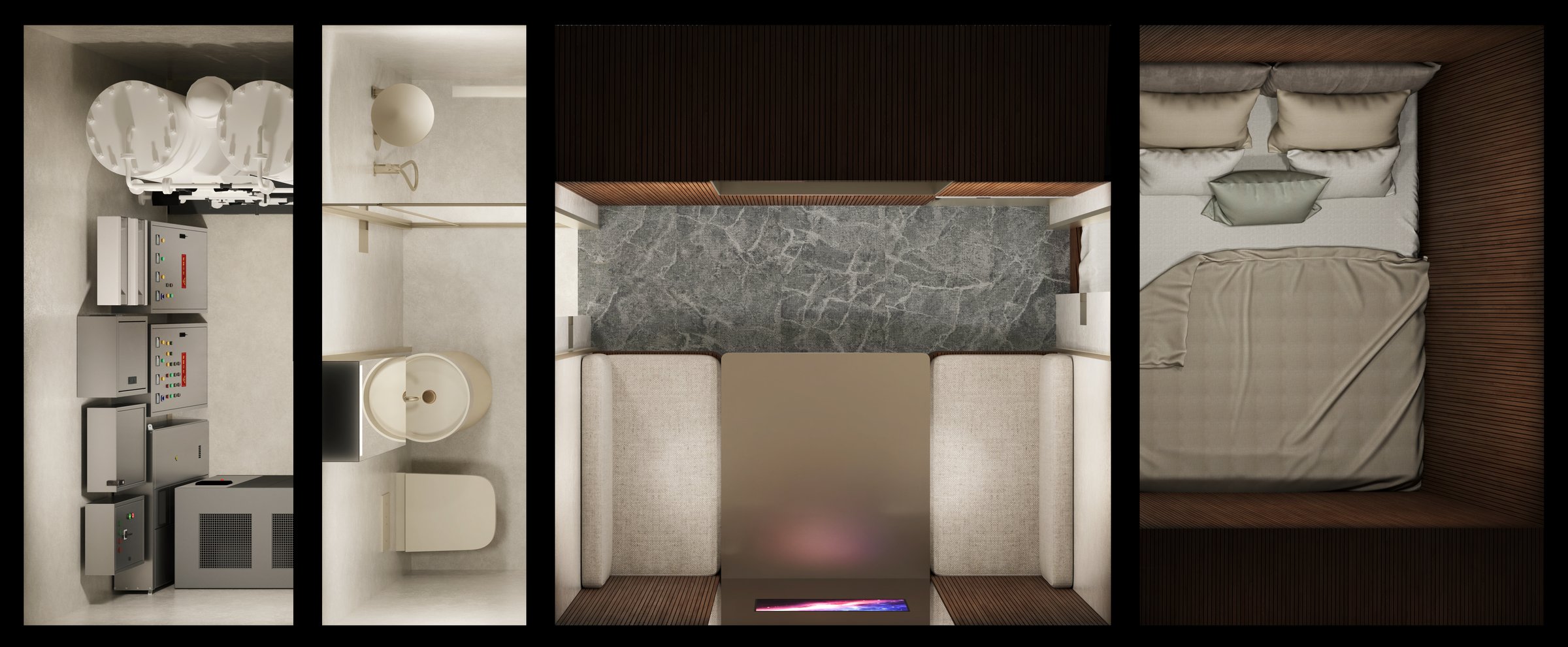 Plan view of Pod 01 — all zones visible from above