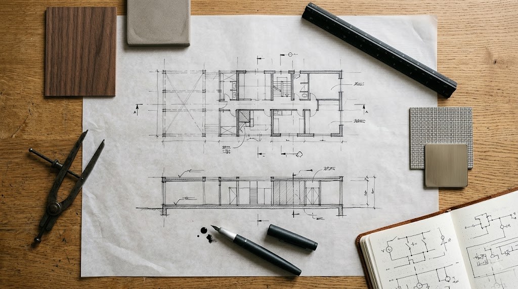 Architectural drafting-table flat-lay with Pod floor plan and section sketches, material samples, scale rule, fountain pen, MEP notebook