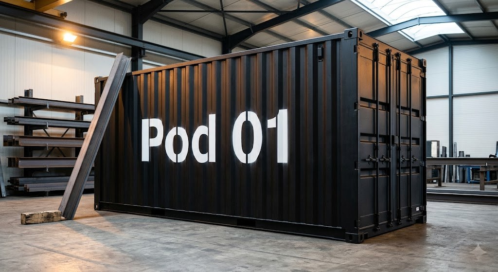 20-foot ISO container sandblasted and re-painted matte black, stencilled Pod 01, IPE 200 steel beam leaning beside it in workshop