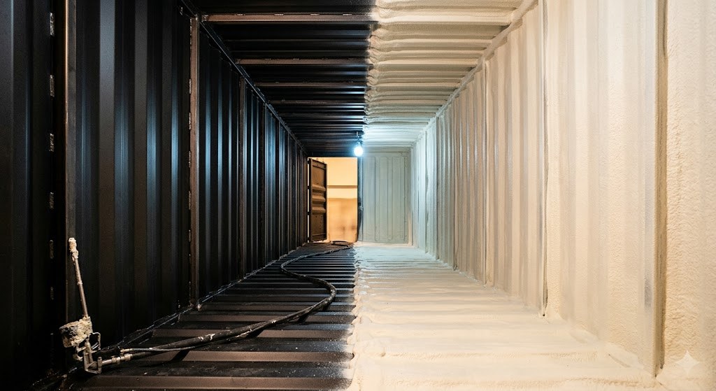 Container interior mid spray-foam application: left side bare black corrugated steel with structural ribs, right side fully coated with off-white closed-cell foam