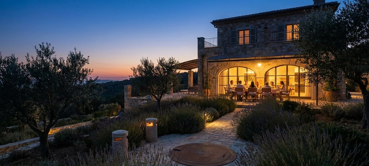 Stone villa at twilight, family dining inside, flush hatch in the foreground stone paving