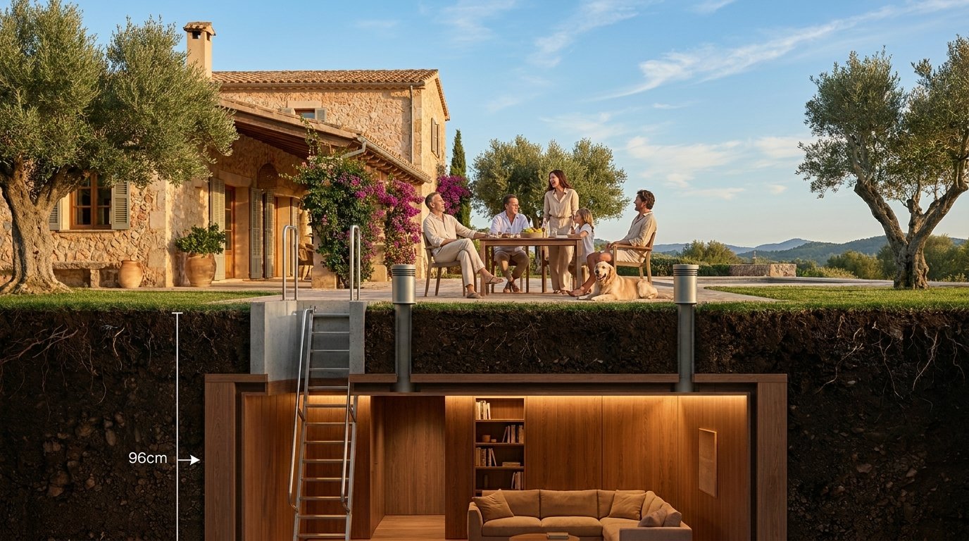 Family dining on a Mediterranean terrace above their Pod, with 96 cm soil cover marker visible